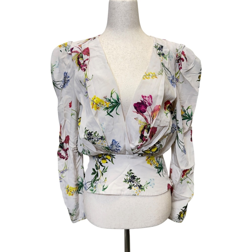 Chelsea and Walker Womens Silk Blouse 0 White Floral Puff Sleeve Wrap Top